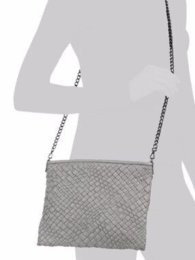 NWOT Falor Woven Leather Made in Italy Dove grey gray Crossbody Clutch Bag Purse